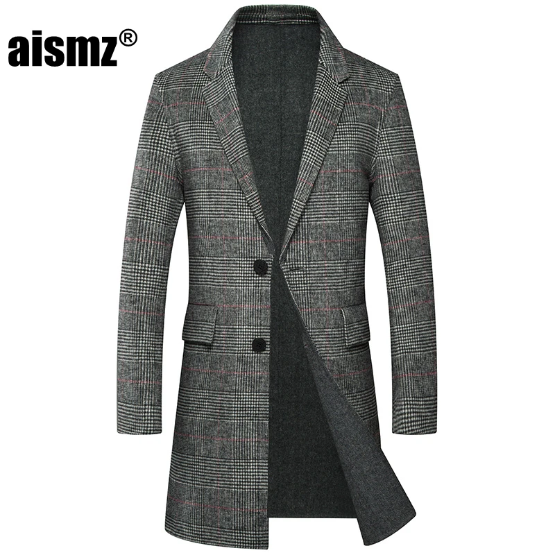 

Aismz Winter Double Sided Wool Cashmere Overcoat Jacket Coat Men Business Casual Plaid Hand making Long Coats casaco masculino