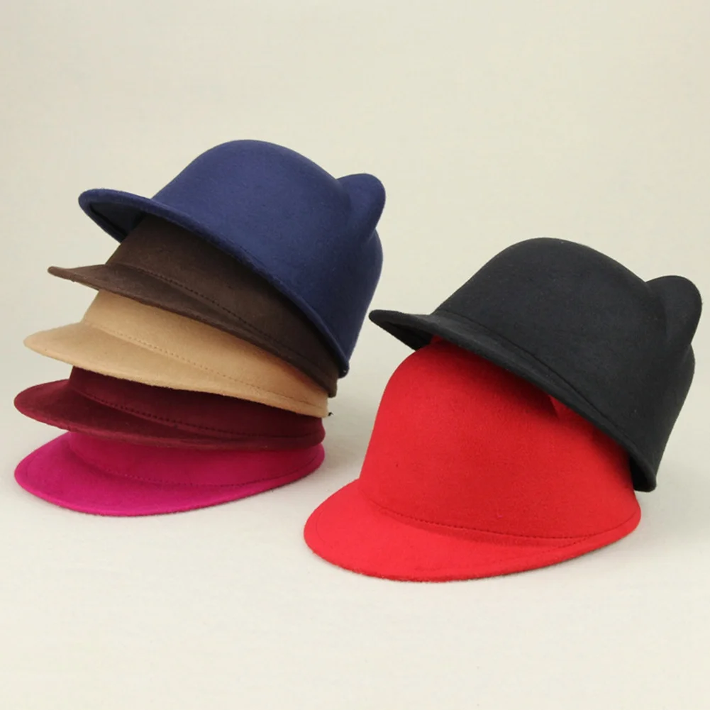 

2019 New Winter Warm Girls Cat Ears Wool Derby Bowler Cap Solid 3D Ears Vintage Costume Play Brim Hats Cap