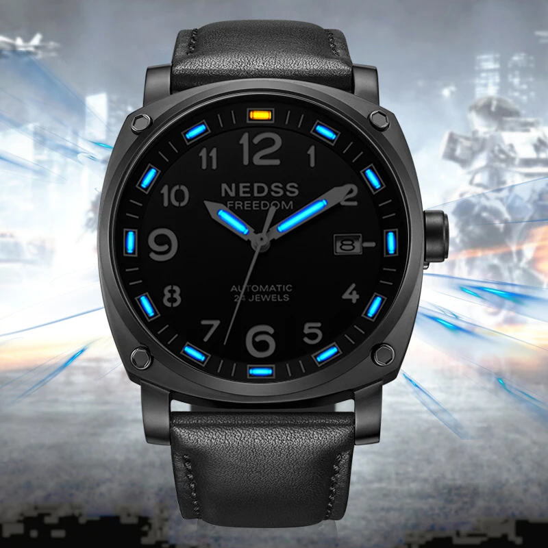 

NEDSS Luxury Mens watches fashionable automatic Mechanical Military watch Men's Watches steel tritium Blue Dial sapphire 10Bar