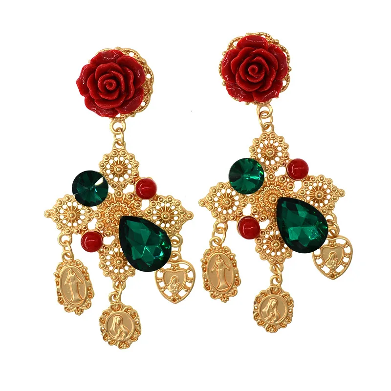 Vintage floral cross long earrings for women