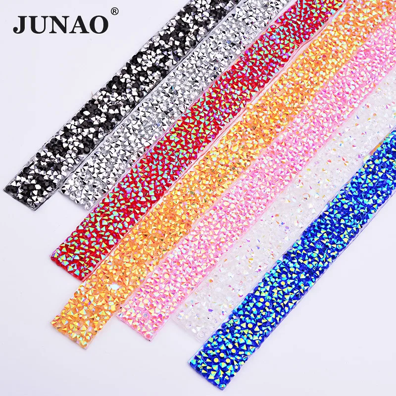

JUNAO 5 Yard *15mm Colorful AB Hotfix Rhinestones Chain Trim Iron On Transfer Crystal Fabric Applique Strass Tape Banding Crafts