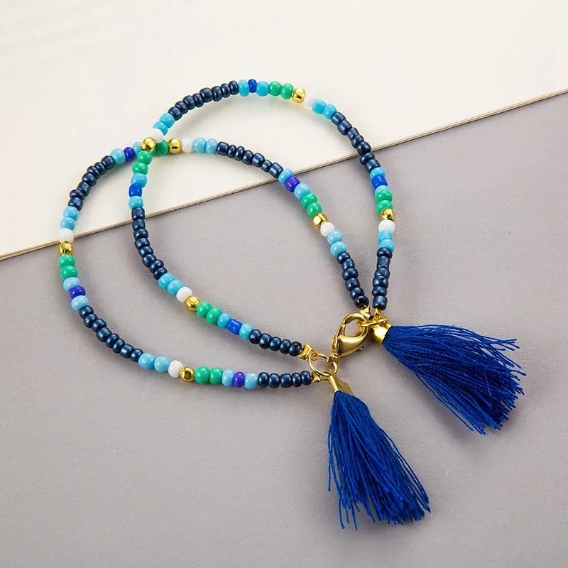 

Retro Fashion Color Rice Beaded Tassel Tail Chain Double Layer Alloy Bracelet