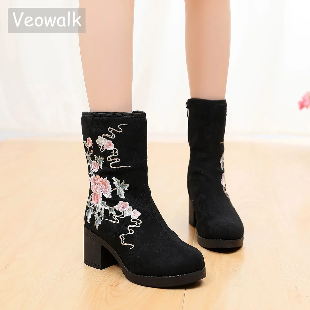 

Veowalk Floral Embroidered Women Cotton Fabric Block Heel Short Boots, Comfort Casual Zip Up Chunky Shoes for Elegant Ladies