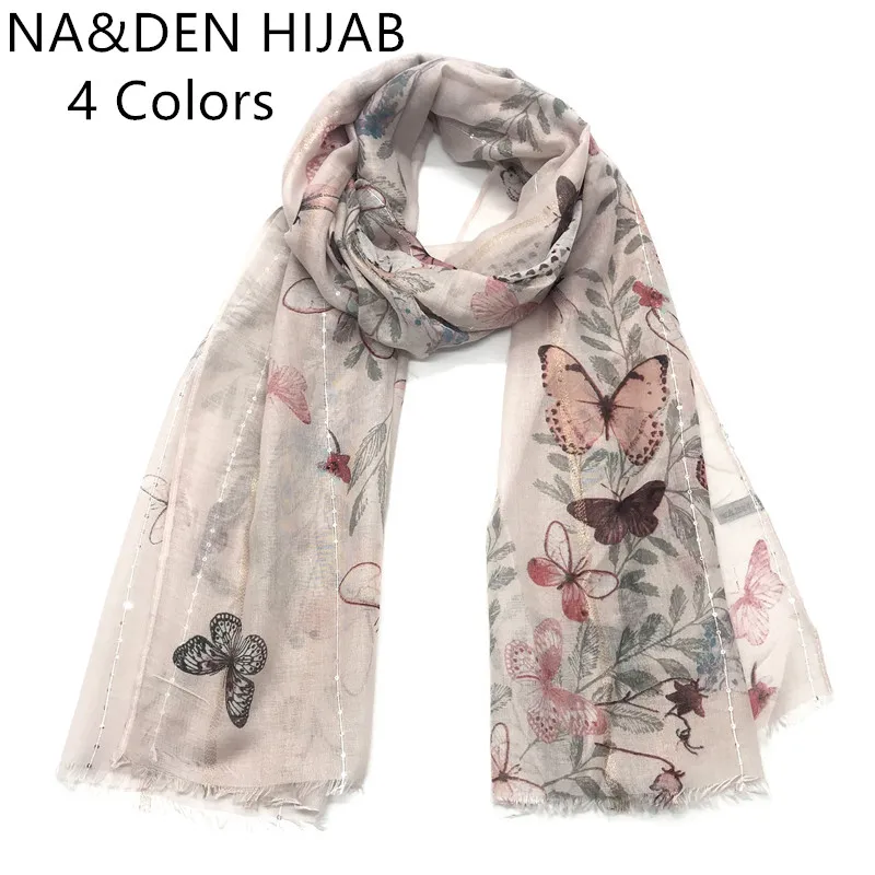 

1PC Butterfly print light weight small sequins The spring and autumn period and the new transparent shawls polyester turban