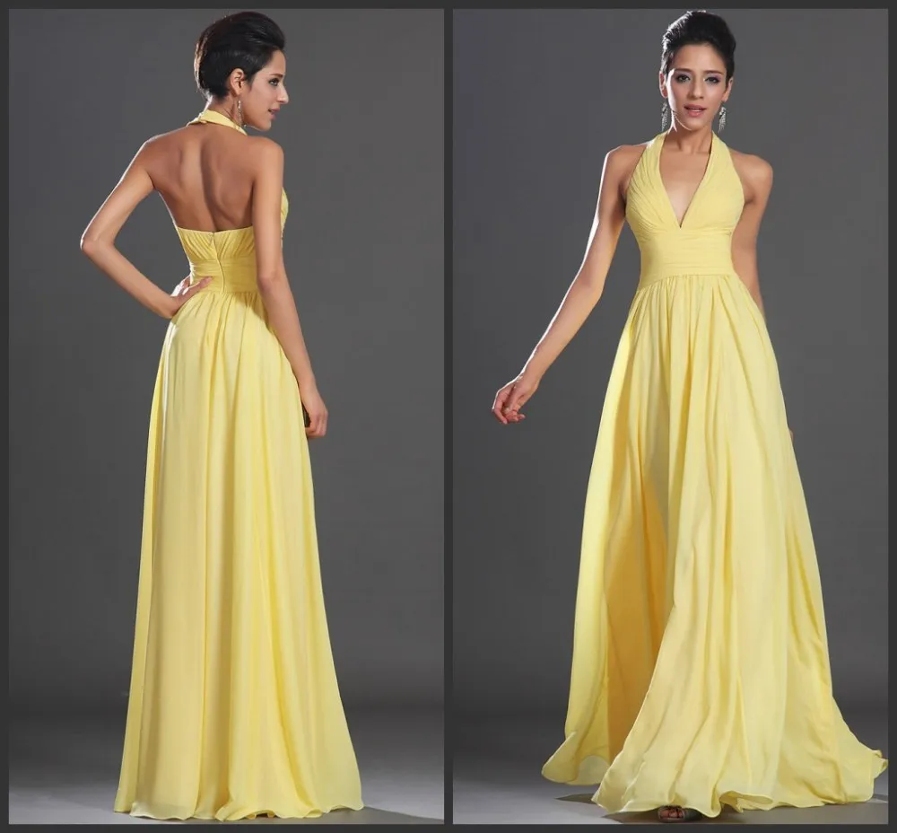 

Vestido De Festa 2018 sexy Arrival Elegant A-Line Yellow Chiffon Long Formal Open Back Prom Party gown cheap bridesmaid dresses