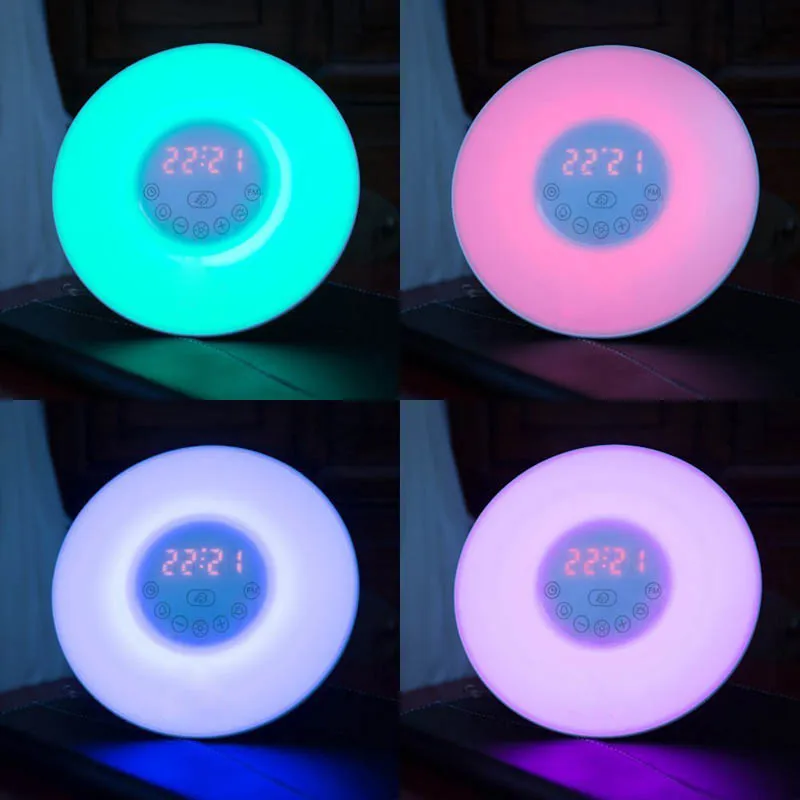 

Wholesale Chargeable Colorful Sunrise Sunset Wake Up Light Lamp Nature Night Light With Sounds FM Radio Alarm Clock