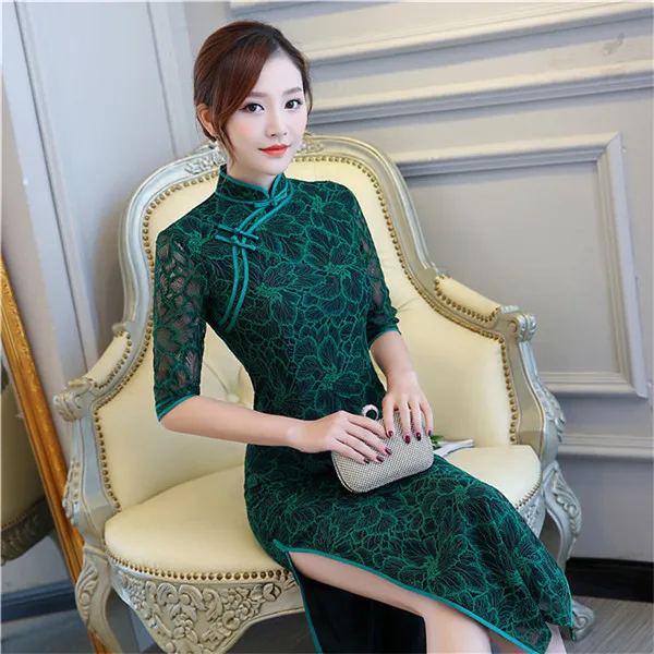 Зеленое элегантное женское традиционное китайское тонкое платье винтажное кружевное сексуальное до щиколотки Qipao Новое прибытие леди формальный Cheongsam - Цвет: Green
