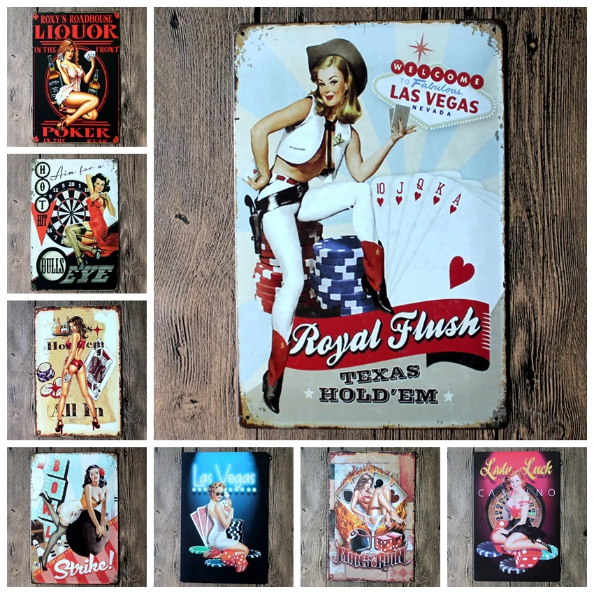 

fashion 20*30cm welcome to LAS VEGAS royal flush poker strike bowl Tin Sign outdoor Wall Art decoration Bar Metal Paintings