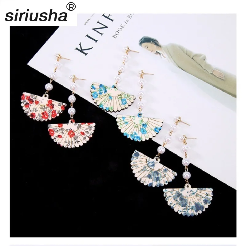 

New creative temperament personality wooden fan earrings fashion long section pearl tassel earrings wholesale Y898