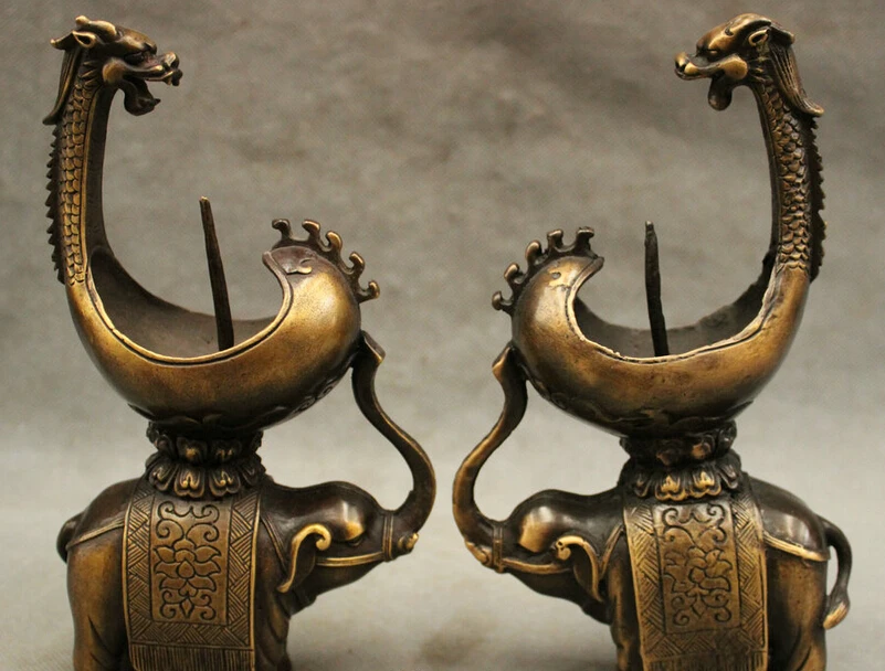 

S2391 8" Chinese Bronze FengShui Dragon Head Ride Elephant Statue Candle Stick Holder D0318