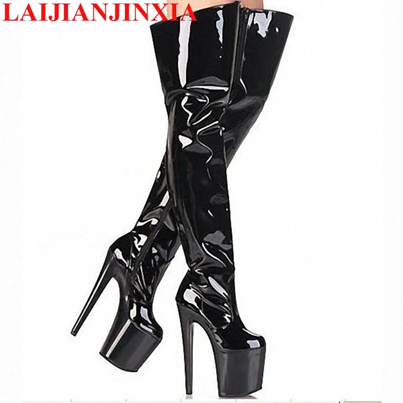 LAIJIANJINXIA/ботфорты выше колена на очень высоком каблуке 20 см Женская обувь женские ботфорты на платформе 10 см кожаные сапоги с круглым носком - Цвет: Черный