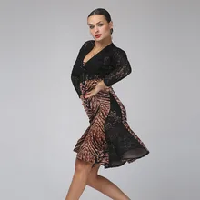 lace dance dress women tango dress female print Splicing salsa rumba costumes leopard latin dress sexy samba dance dress fringe