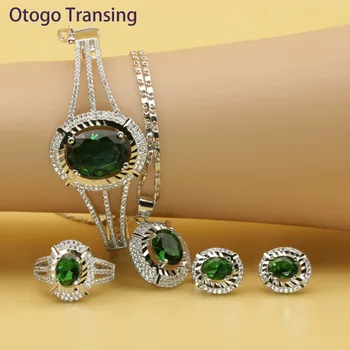

Otogo Transing 2019 Silver Color Jewelry Set Women Fashion Charm Green Crystal Ring Earrings Necklace Bracelet Flower SET213