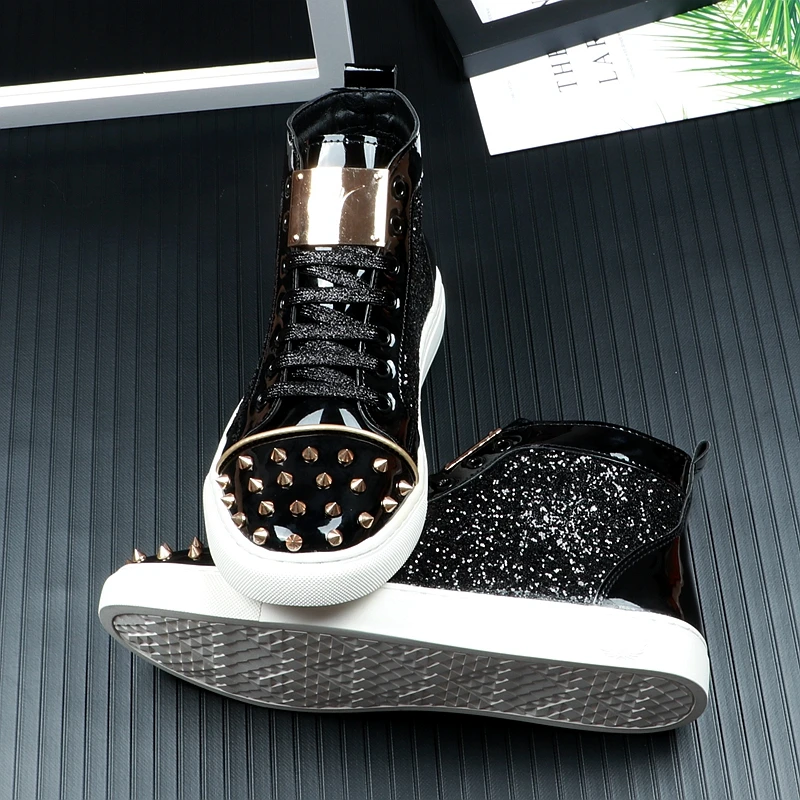 Повседневная обувь на платформе с высоким берцем, украшенная блестками и заклепками, с металлическими вставками, мужские дизайнерские Лоферы для выпускного бала, zapatos hombre