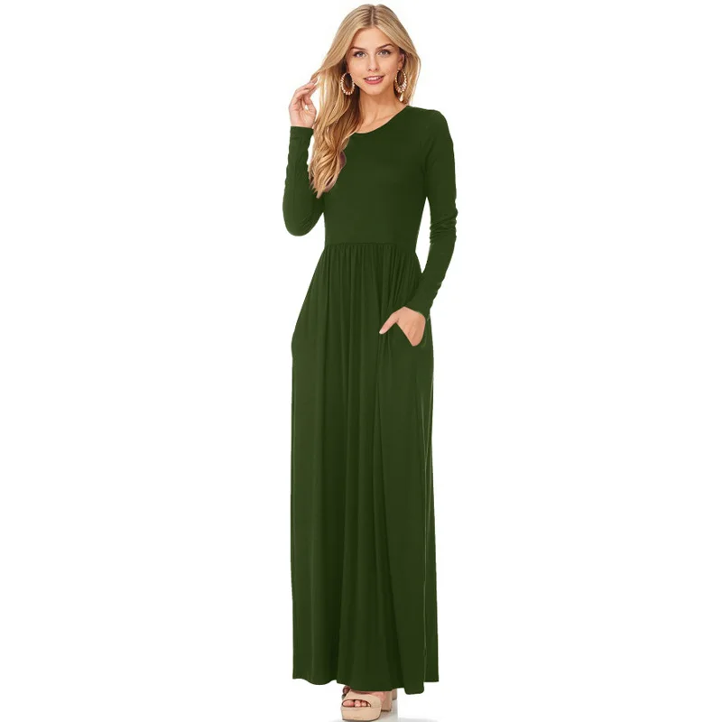 Fashion O Neck Women Long Sleeve Solid Color Ruched Dress with Pockets Plus Size Casual Maxi Evening Cocktail Party | Женская одежда