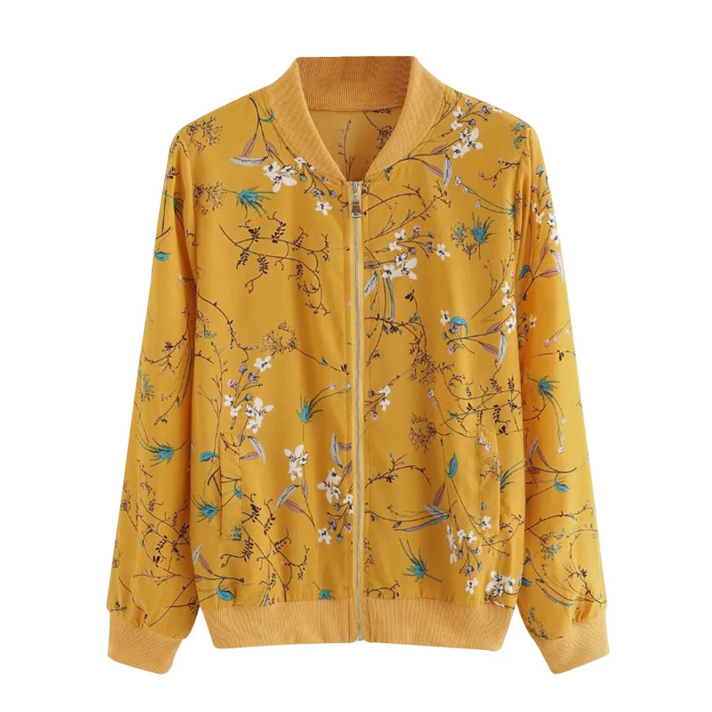 2018 женские новые модные однотонные печати Chiffion Для женщин Цветочные молния Курточка бомбер пальто