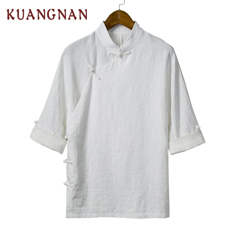 KUANGNAN, китайский стиль, кунг-фу, мужская рубашка с коротким рукавом, Повседневная Уличная Мужская рубашка, мужская хлопковая льняная рубашка, Мужская одежда, новинка - Цвет: White