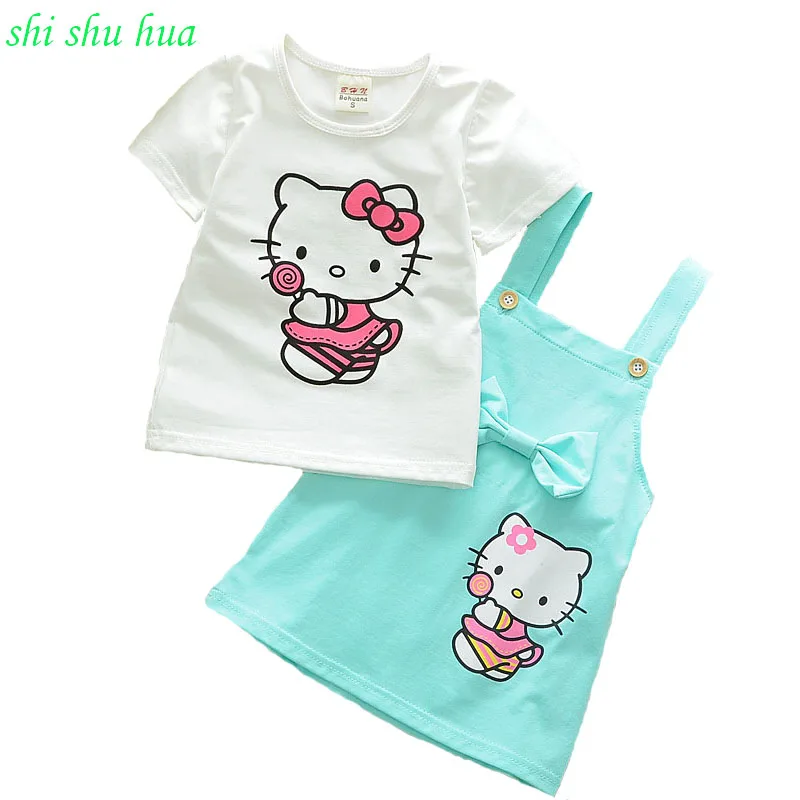 

Children's clothing set girl Summer short sleeve T-shirt + strap dress 2pcs cartoon printing Dress suit 1-3years old girl cotton