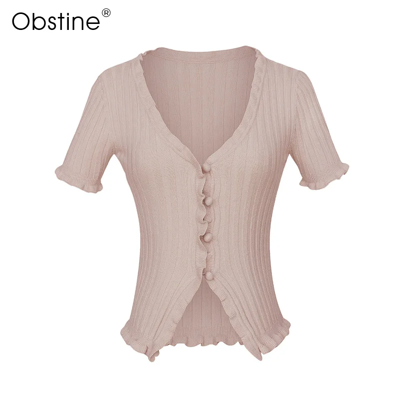 Для женщин V шеи рюшами Trim Crop Трикотажный кардиган с короткий рукав Глубокий Neck