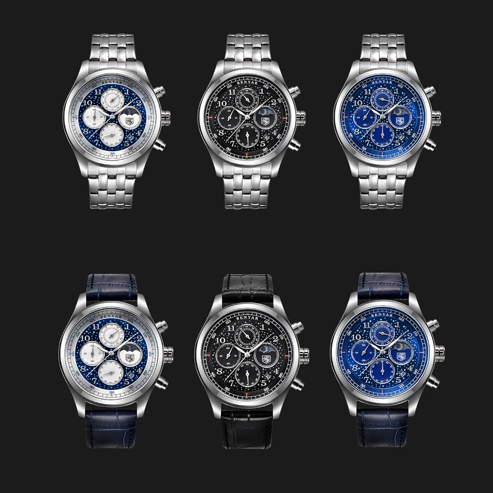 BENYAR Mens Watches Top Luxury Moon Phase Full Steel Quartz Chronograph Watch Sports Military Waterproof Wrist Watch Hour Clock