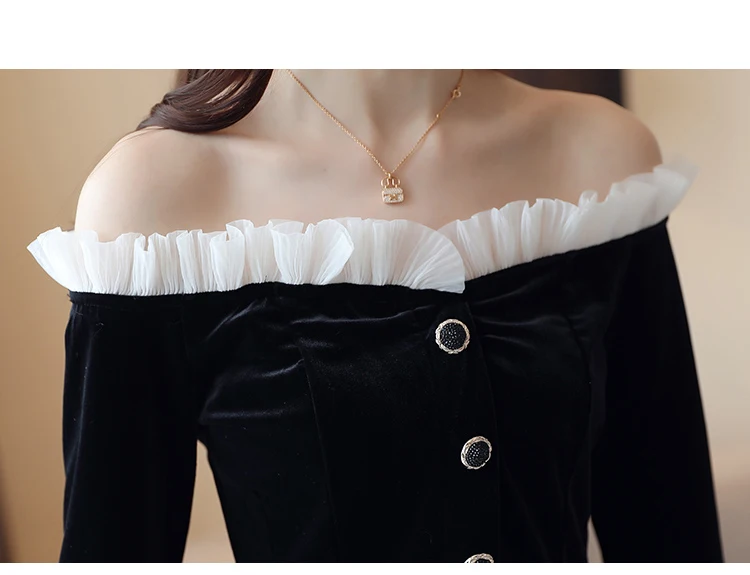 Винтажная элегантная бархатная блузка с открытыми плечами, Женская кружевная блузка с длинным рукавом и оборками, женские топы, черная рубашка, женские блузки