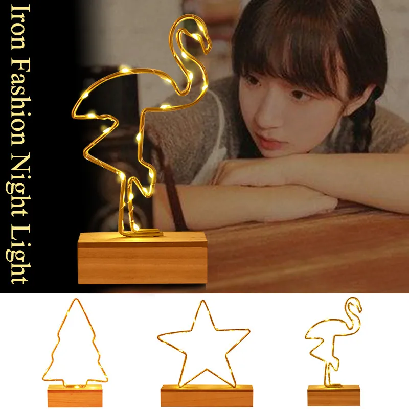 

Hot Sale Wrought Iron Flamingo /Star /tree Wooden Base Night Light Creative LED Night Table Lamp Home Ornaments Desk Decor Kids