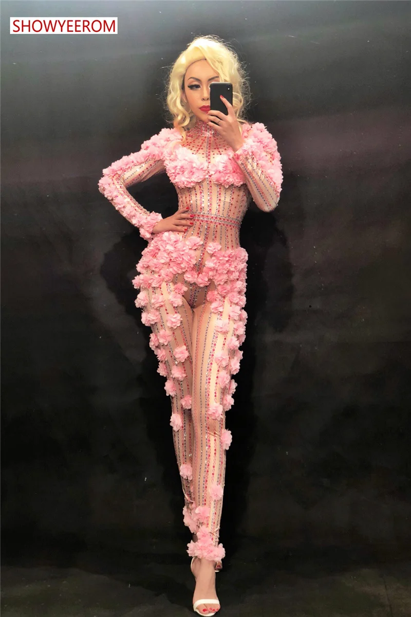 Розовый цветок Стразы с длинным рукавом спандекс комбинезон женский певец танец сцена Одежда женские боди на день рождения Бар Одежда