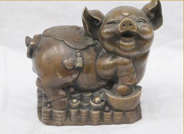 

S0071 7"Luckly Chinese Bronze animal yuanbao destiny bi wealth money happy Pig statue