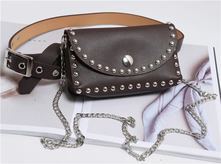 DAEYOTEN Съемная поясная сумка с заклепками, женская дизайнерская поясная сумка с ремнем, сумка для телефона на цепочке, женская сумка-мессенджер в стиле панк, кошелек ZM0129 - Цвет: Coffee