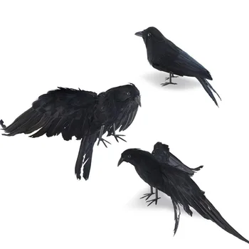 

3 Pcs/set Crow Halloween Realistic Handmade Prop Black Feathered Crow Fly and Stand Crows Ravens Crow Decoration