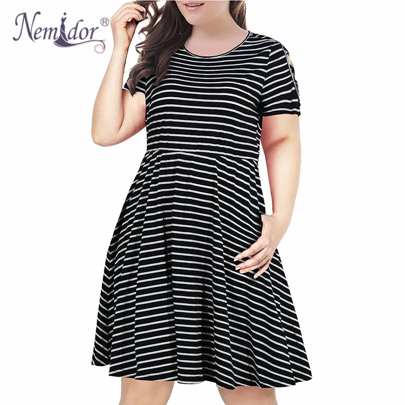 Nemidor Women Casual O-neck Short Sleeve Stripe Print A-line Dress Plus Size 7XL 8XL 9XL Swing Fit and Flare Dress With Pockets - Цвет: black stripe