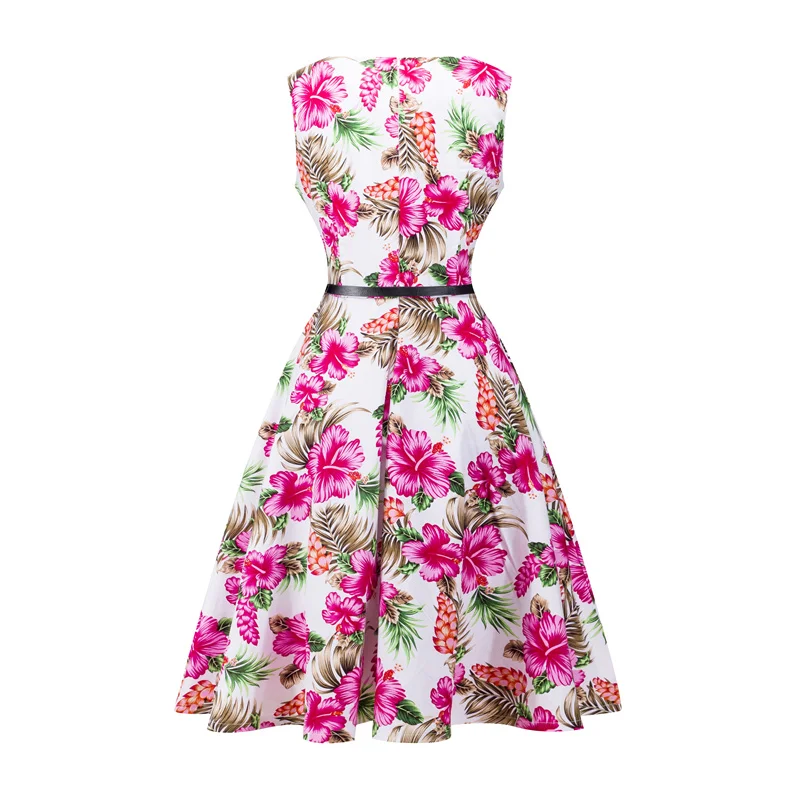 Kostlish 2017 New Summer Dress Women Floral Print Audrey Hepburn 50s 60s A-Line Vintage Dress Sleeveless Party Dresses Plus Size (105)