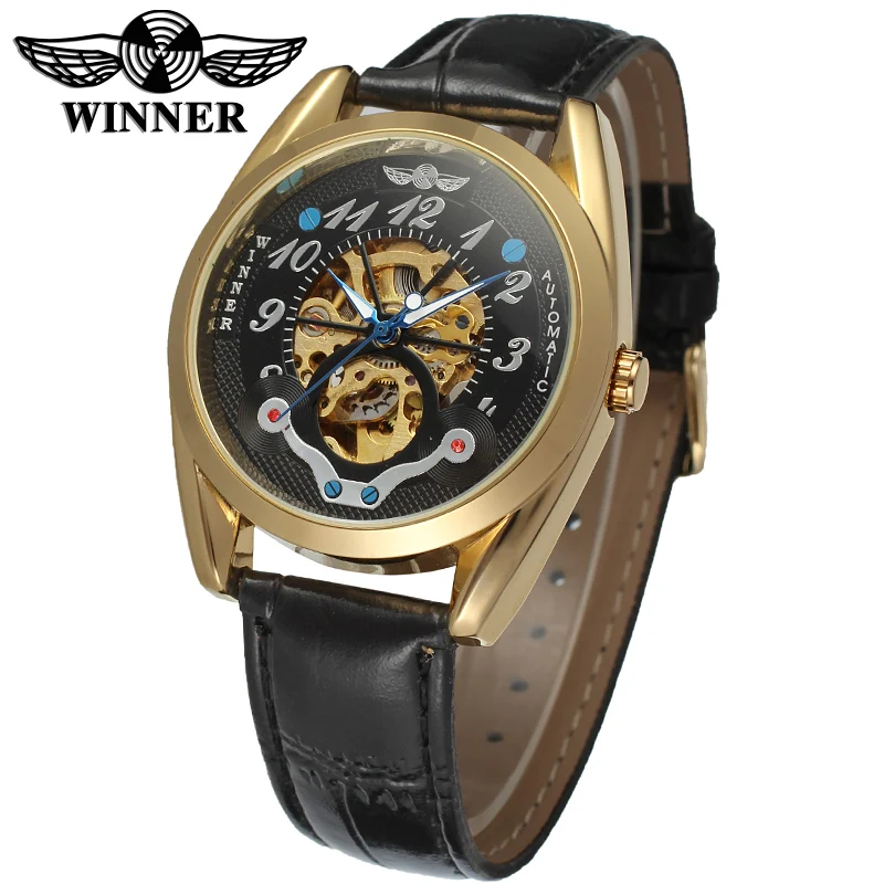 

Fashion WINNER Men Brand Business Skeleton Genuine Leather Band Watch Automatic Mechanical Wristwatches Gift Box Relogio Releges