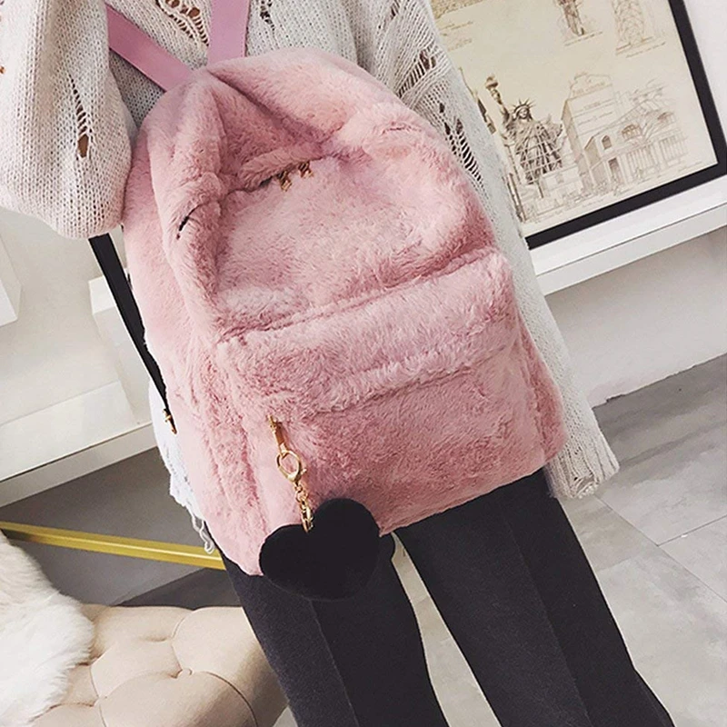 Женский мягкий плюшевый рюкзак из искусственного меха, сумка через плечо, пушистая школьная сумка с подвеской в виде сердца(розовый