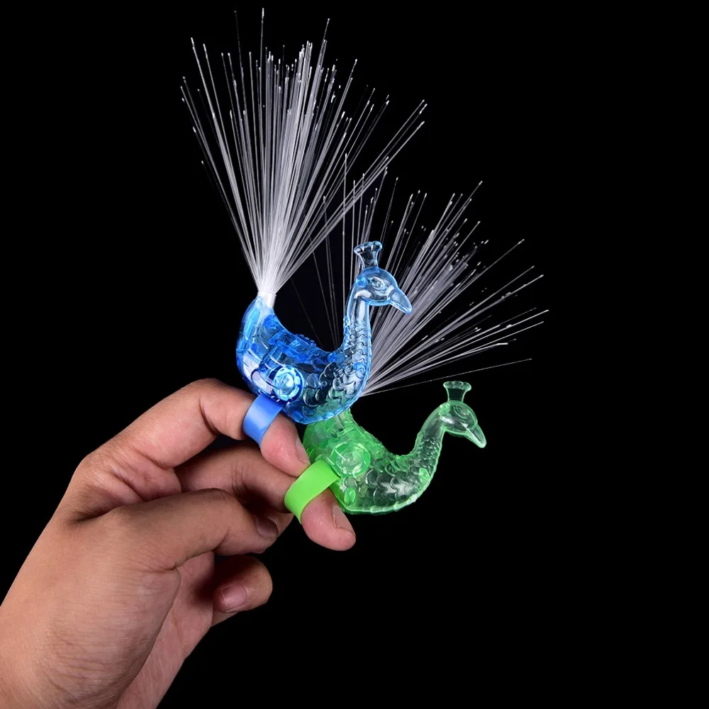 1Pcs LED Glow Peacock Finger Light Laser Beams Ring Optical Fiber Toy Flash Kid Fluorescent Shiny Neon Flashing Toys Random