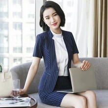 Полосатый Бизнес Omen летний деловой женский темперамент 3 шт. костюм женская модная одежда Рабочая форма темно-синие офисные женские комплекты