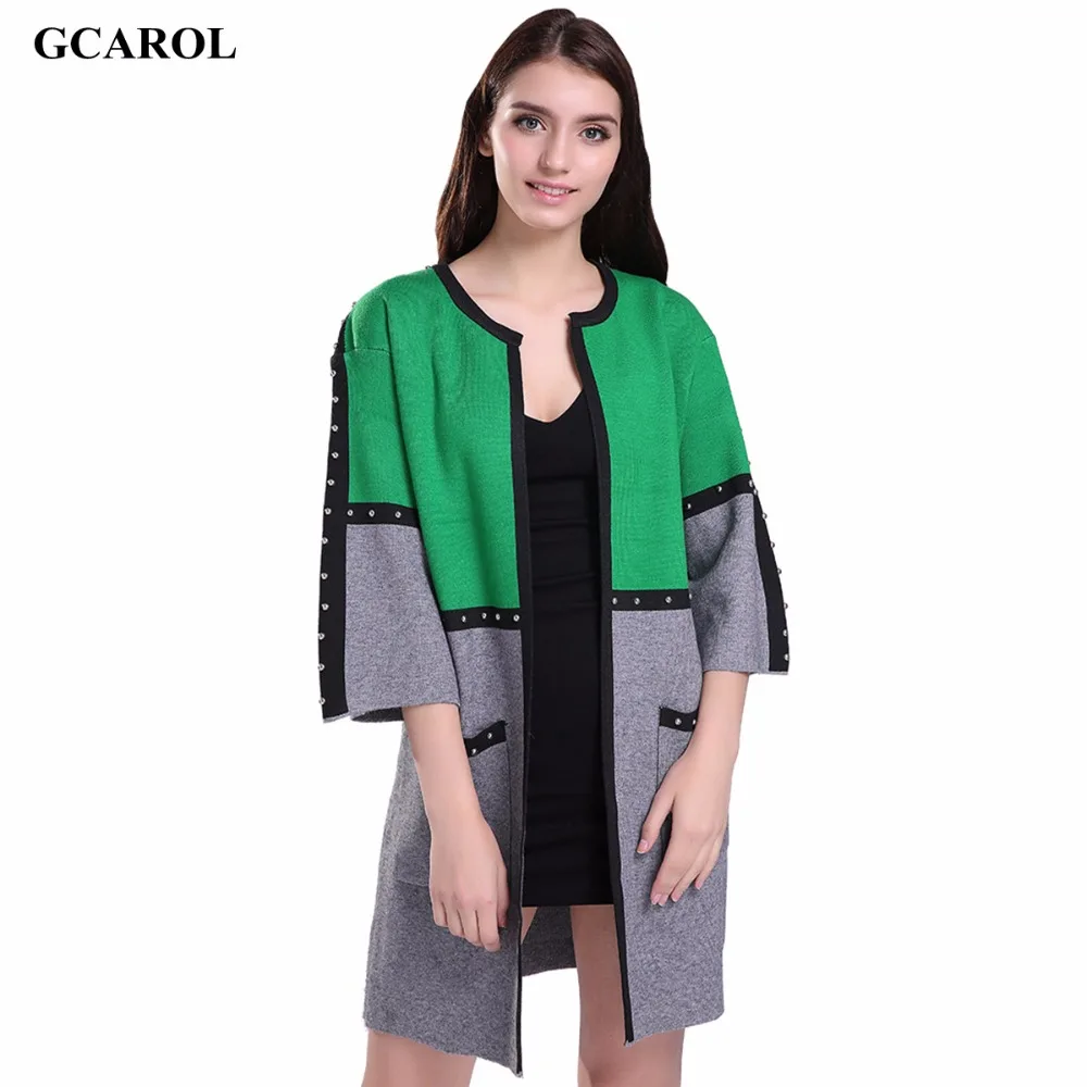 Women New Two Tone Colored Bead Cardigan 3 4 Sleeve Open Stitch Oversized OL Knitted Coat Long Sweater For Spring Autumn Winter