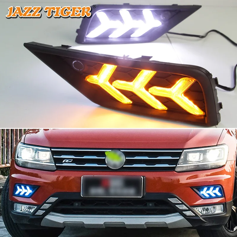 

JAZZ TIGER 2PCS Yellow Turn Signal Function 12V Car DRL Lamp LED Daytime Running Light Daylight For Volkswagen Tiguan 2017 2018
