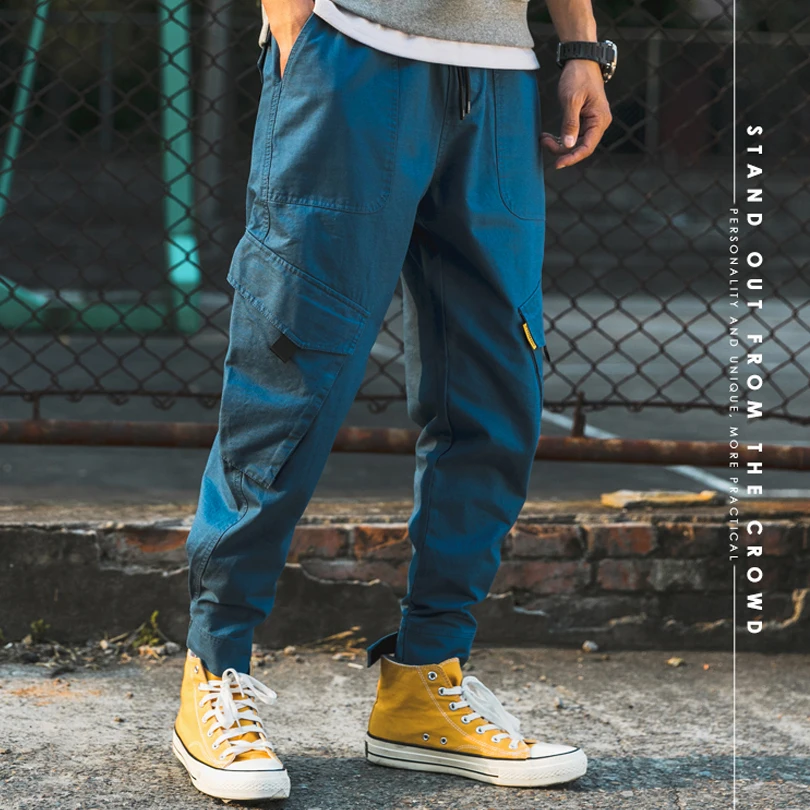 

BINHIIRO Spring NEW Men Cargo Pants Mid Cotton Polyester Hip Hop Drawsring Pockets Full Length Men Black Blue Green Men Trousers