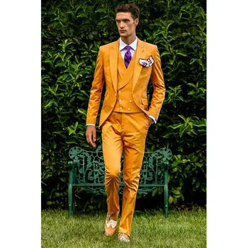 

2018 Yellow Double Breasted vest Men Suit Slim Fit 3 Piece Tuxedo Italian costume homme Blazer Groom mens suits Terno Masculino