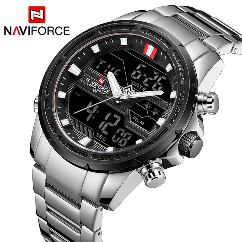 Baratos NAVIFORCE de los hombres de lujo analógico de cuarzo reloj deportivo de moda al aire libre militar impermeable Chrono EL fondo Digital relojes 9138