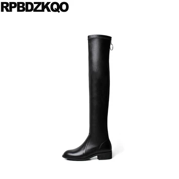 

suede slim thigh women boots shoes over the knee genuine leather winter round toe chunky fur handmade autumn black 2018 long