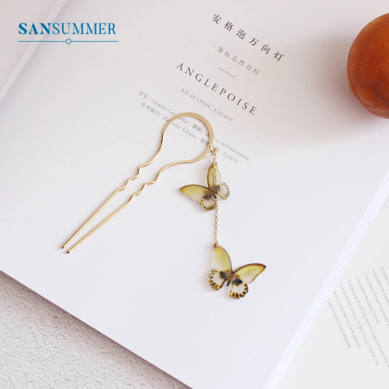 

SANSUMMER Wedding Hair Accessories Hairpin Temperament Simple Acrylic Double Butterfly Chain Metal Hairpin Gifts DIY 3007