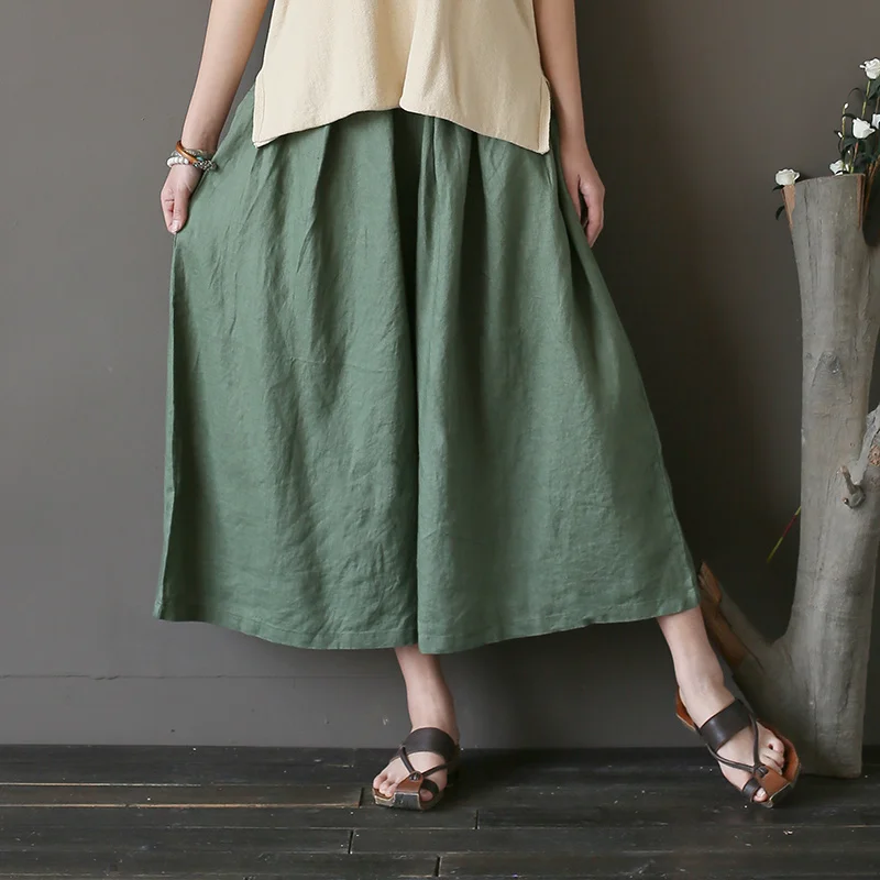 Elastic waist Linen Women Wide leg Pants Capri Solid Blue Black Army green Summer Casual Pants Skirt Cute Wide leg Trousers A180