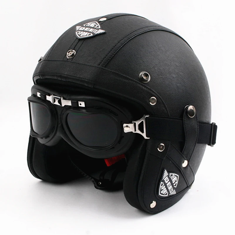 

2016 New Leather Motorcycle Harley Helmets Vintage Motorbike Scooter open face helmet Capacete with Goggles DOT Approved