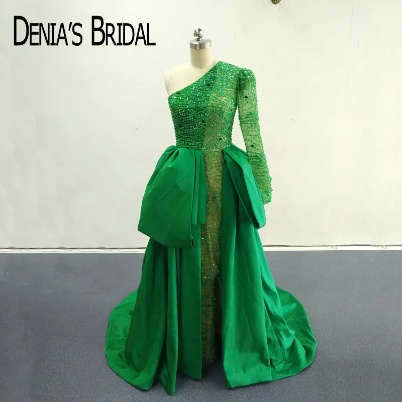 Real Pictures 2018 Green Lace Evening Dresses Taffeta with One shoulder