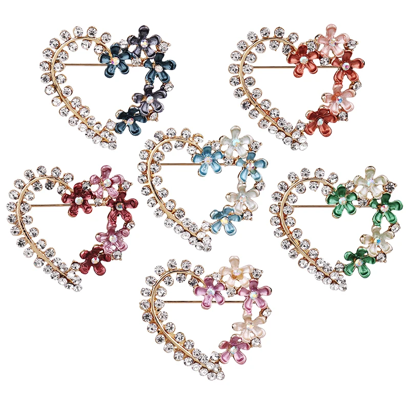 Fashion Gold Color Heart Shape Brooches For Women Love Enamel Flower