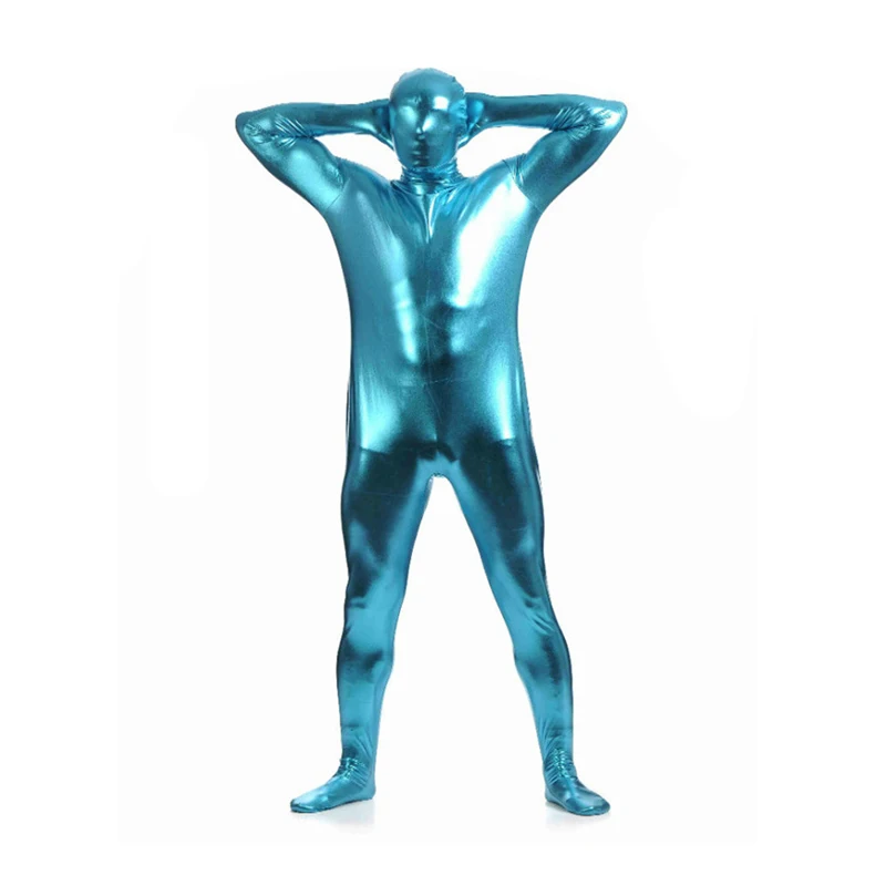 Cosplay&ware Ainclu Fullbody Blue Glue Metallic Zentai For Hallween Shiny Spandex Long Sleeve Male Bodysuit Sexy -Zentai shop online