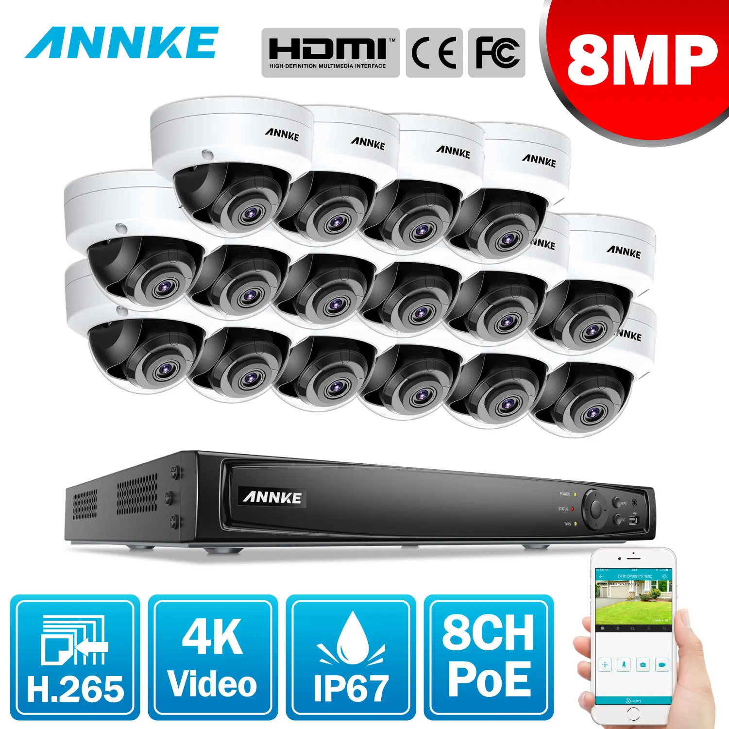 

ANNKE 16CH 4K Ultra HD POE Network Video Security System 8MP H.265 NVR With 16X 8MP 30m EXIR Night Vision Weatherproof IP Camera