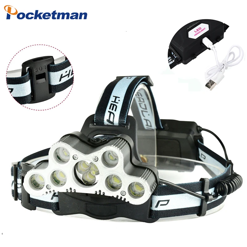 

Super 45000lumens Headlamp 9 Led Headlamp with XML T6 Waterproof usb rechargeable with 18650 battery for Hiking Camping